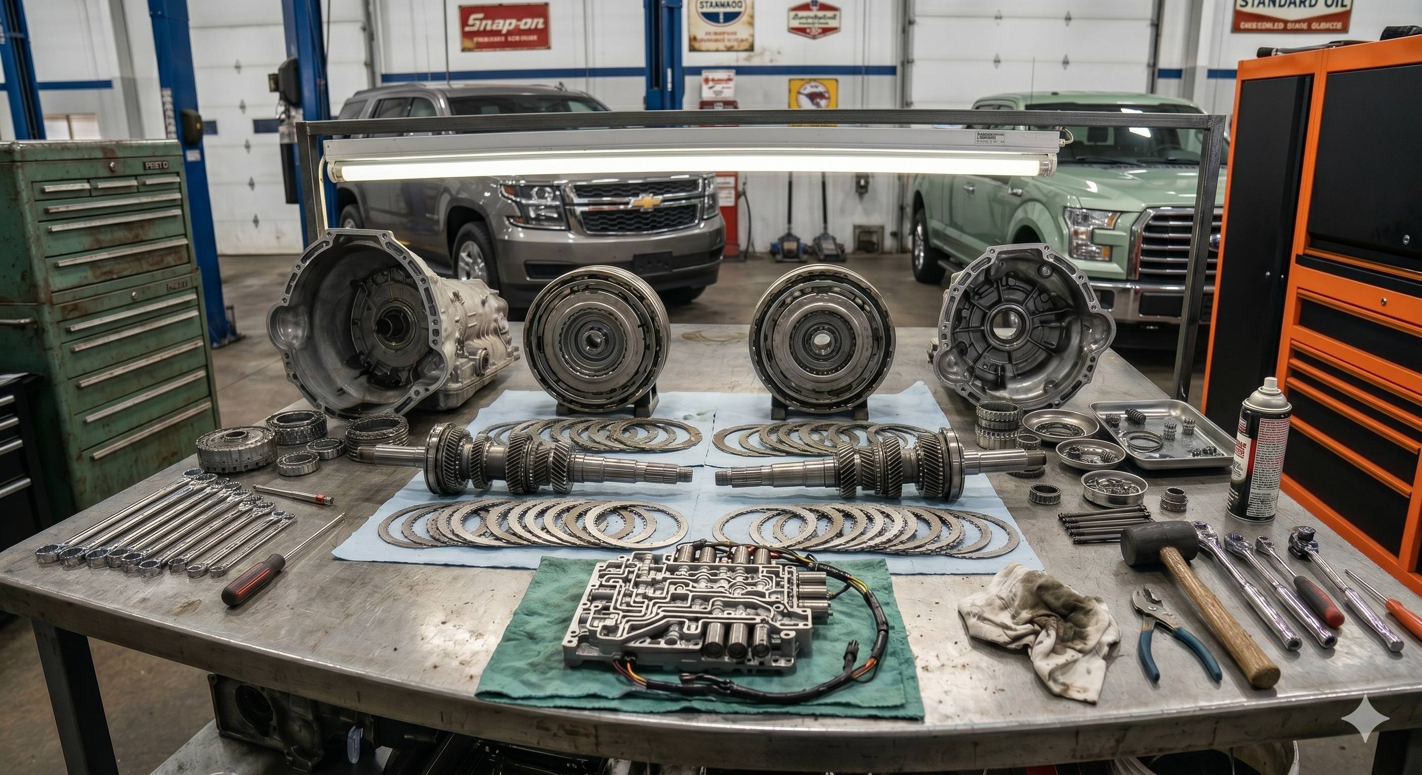 Full transmission teardown on shop workbench